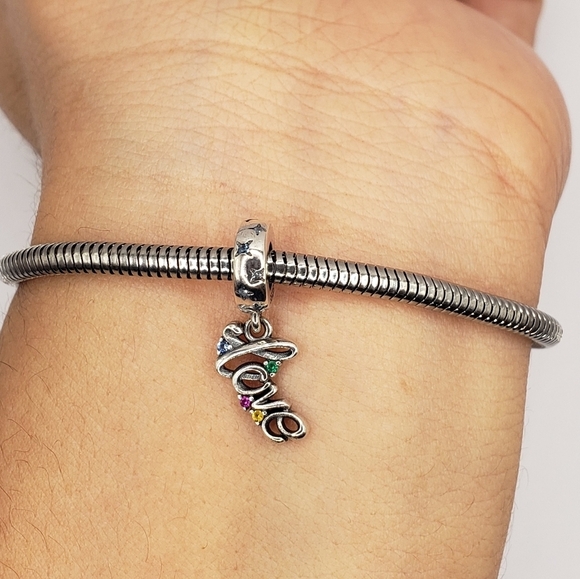 Sterling Silver S925 Love Sign Bracelet Charm Dangle Multicolor Stone Rainbow - Picture 2 of 7